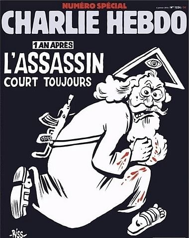 “One year later, the assassin is still on the run,” reads the text above the cartoon on the front page of Magazine.