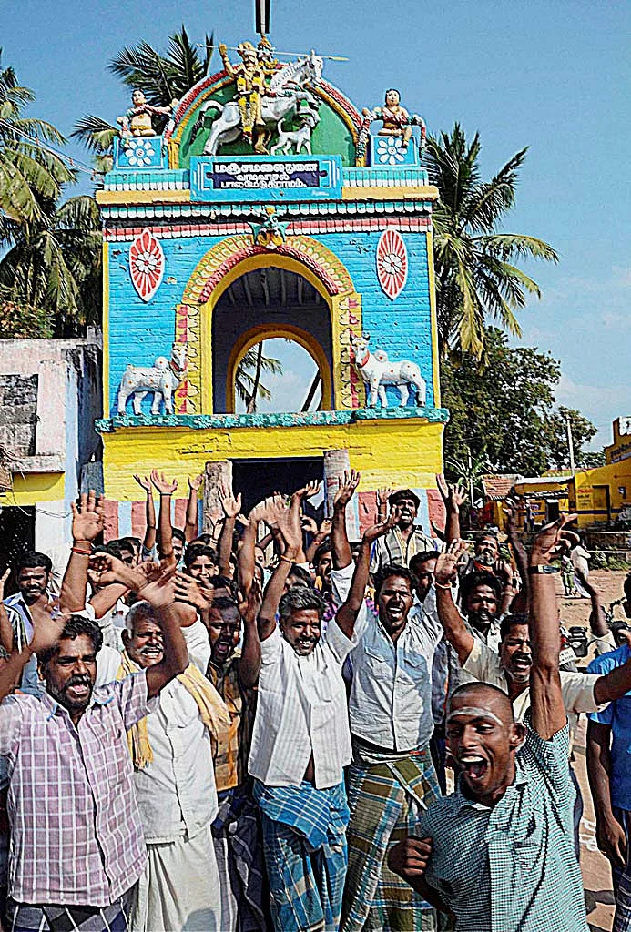 Bull tamers and bull owners celebrating after the Centre notifified lifting the ban on Jallikattu on 7 January in Madurai. (Photo: PTI)