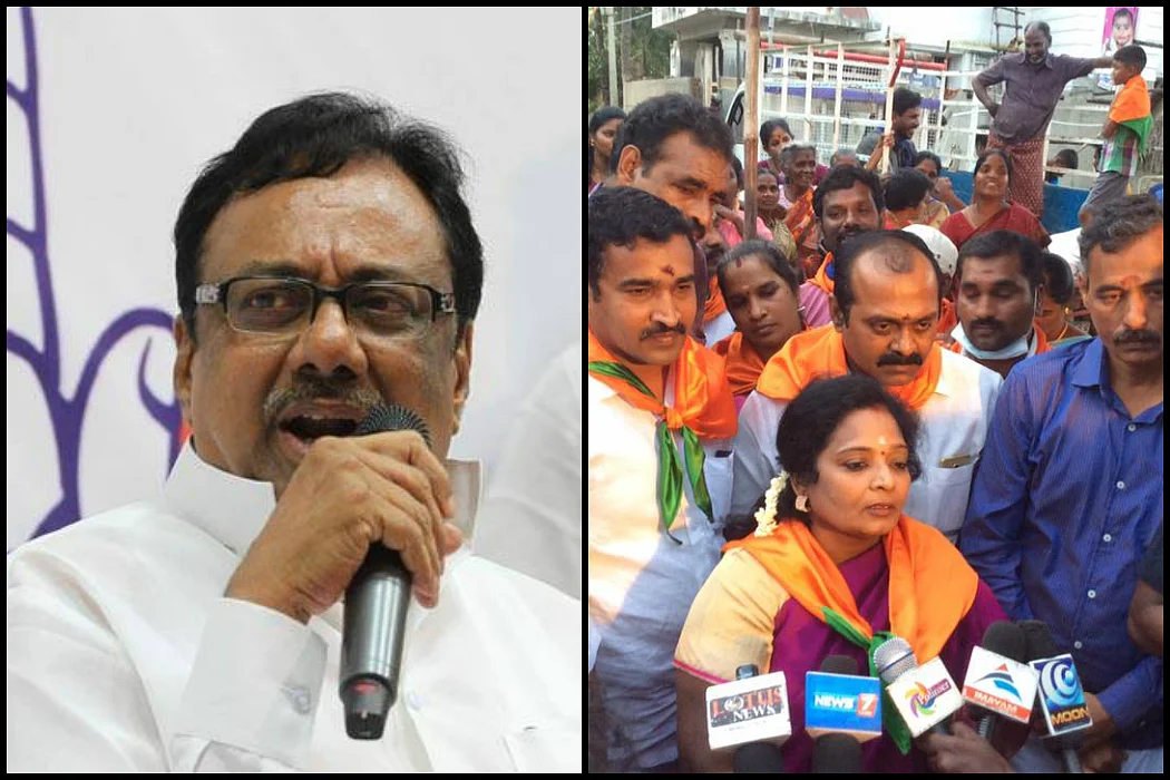 Tamil Nadu Congress Committee President EVKS Elangovan and his BJP counterpart Tamilisai Soundararajan. (Photo Courtesy: The News Minute)