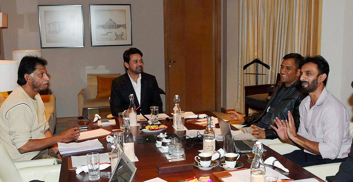 BCCI secretary Anurag Thakur along with chief selector Sandeep Patil, skipper MS Dhoni and Vikram Rathore during a selection committee meeting to pick the Indian squad for Australia tour. (Photo: PTI)