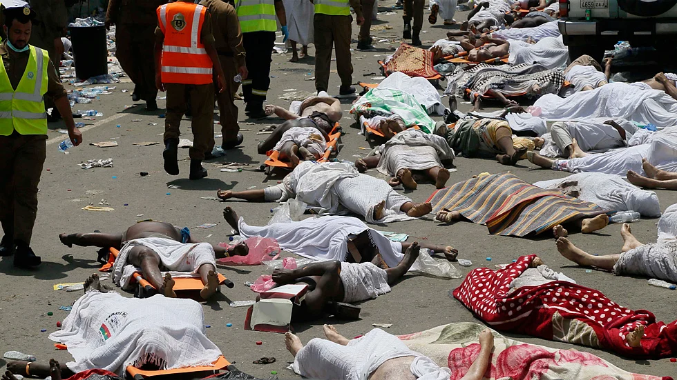 Bodies of people who died in a crush in Mina, Saudi Arabia during the annual hajj pilgrimage, are seen on 24 September 2015. (Photo: AP)