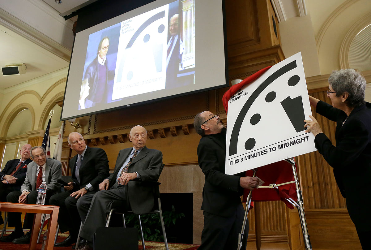 The minute hand on the Doomsday clock remains at three minutes-to-midnight.