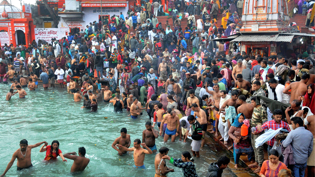 Devotees take a dip in the river Ganges on the first auspicious bathing day of the Ardh Kumbh festival at Haridwar.  (Photo: AP)