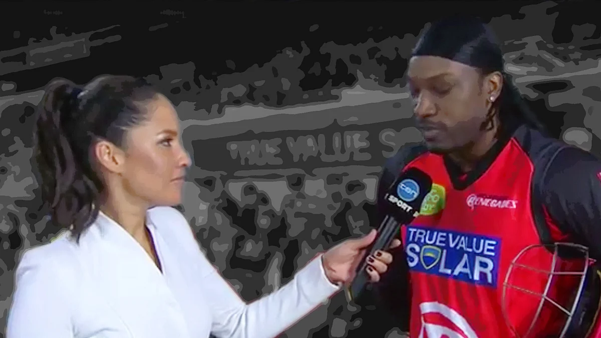 Mel McLaughlin during her TV interview with Chris Gayle.