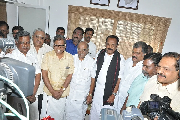 Mutharasan, G Ramakrishnan and Thol Thirumavalavan of People’s Welfare Front (PWF) along with MDMK leader Vaiko. (Photo Courtesy: The News Minute)