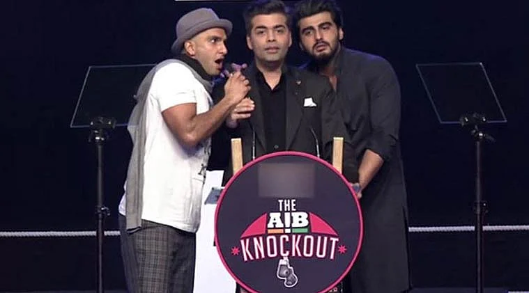 Ranveer Singh, Arjun Kapoor and Karan Johar at the The AIB Knockout event (Photo: <a href="https://www.youtube.com/watch?v=uSxRi60Pvn0">The Liberal Hindu</a>)