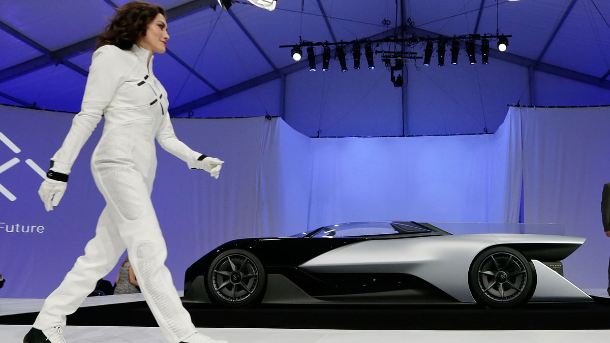 California-based Faraday Futures debuted its sleek electric concept racecar at the annual CES show 2016.
