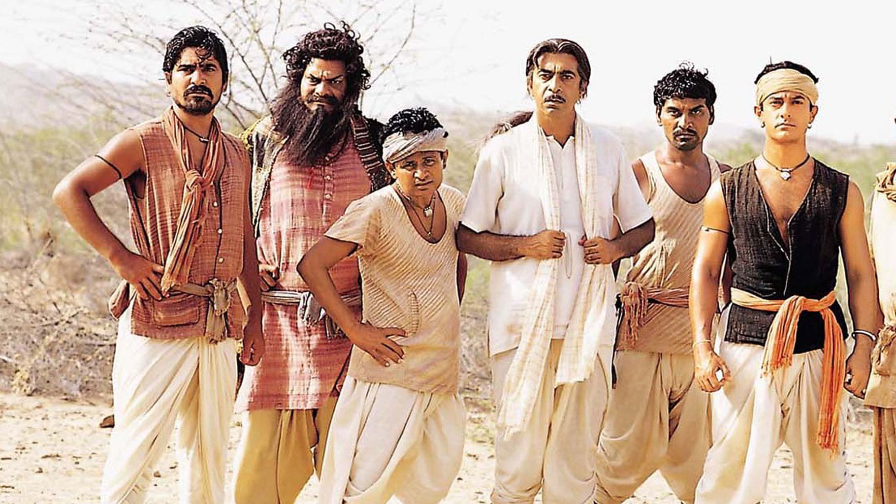 Rajesh Vivek (second from left) as Guran in <i>Lagaan</i>