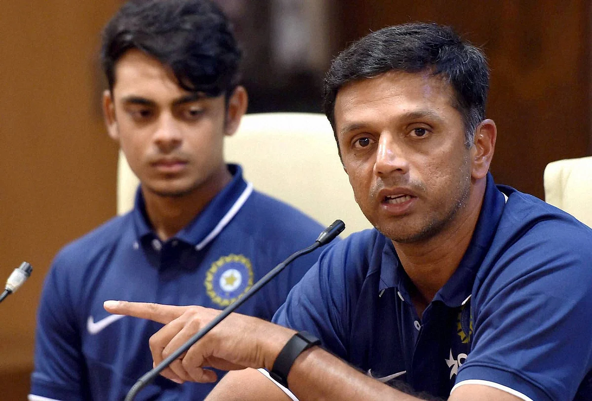 India’s Under-19 coach Rahul Dravid along with captain Ishan Kishan (L) during a press conference in Mumbai on Tuesday. (Photo: PTI)