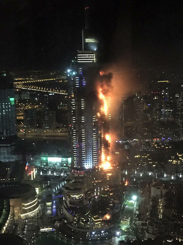 A fire engulfed the Address Downtown, an upscale hotel and residence in Dubai on New Year’s Eve. 