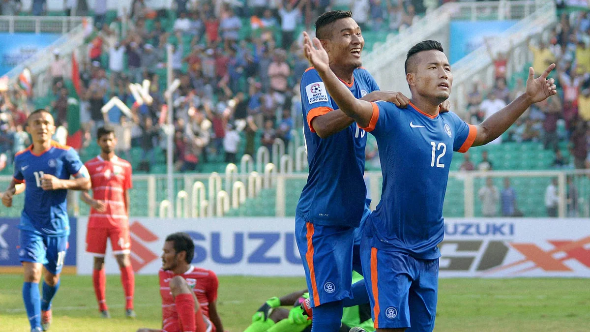 Jeje Lalpekhlua (12) celebrates after scoring a goal. (Photo: PTI)