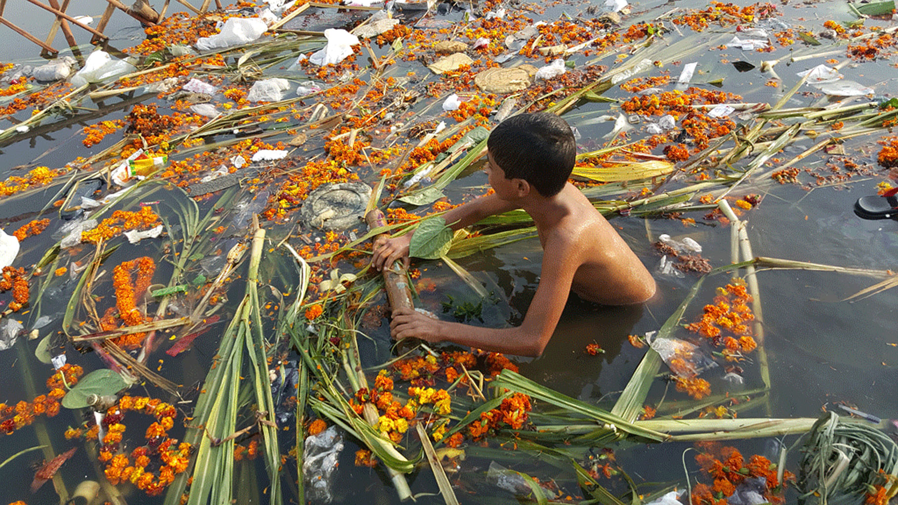  A boy wades through a canal near Kalyanpuri with the remains of the recently held Chhath Puja. (Photo: <b>The Quint</b>)