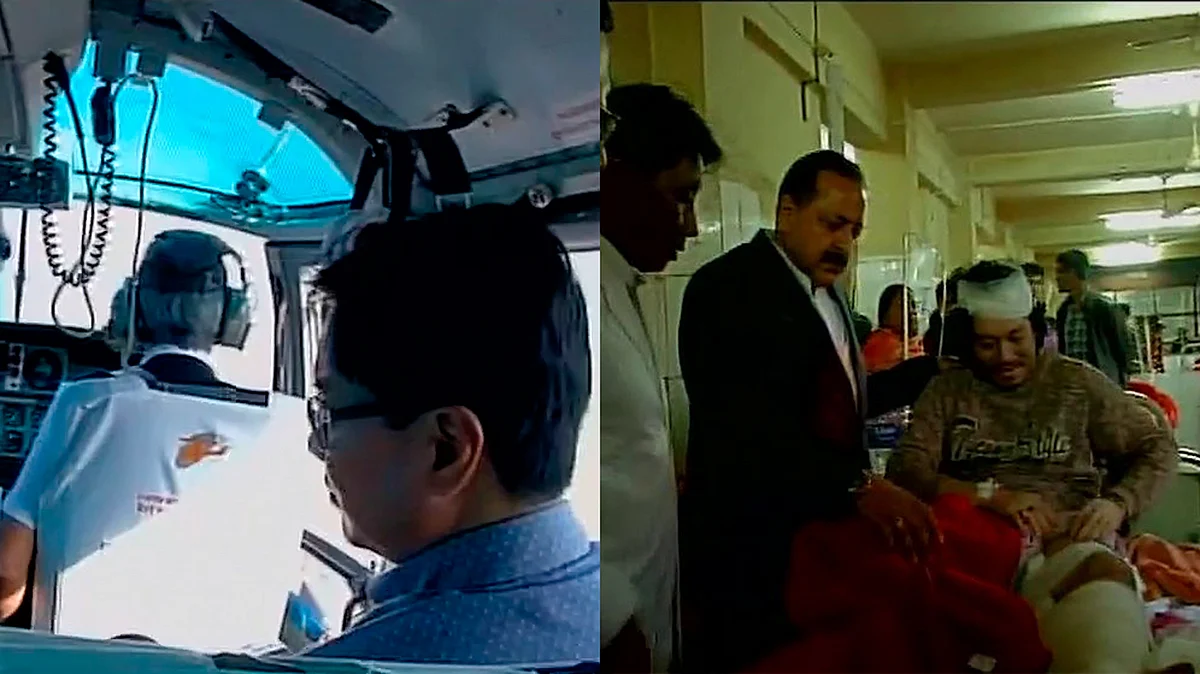 Left: MoS Home Kiren Rijiju conducts aerial survey of the affected areas while MoS PMO Jitendra Singh meets earthquake victims at a hospital in Imphal. (Photo: Screen Grab ANI)