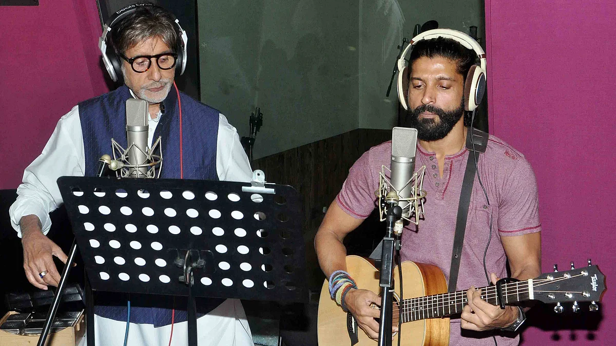 Amitabh Bachchan and Farhan Akhtar at <i>Wazir</i> song recording (Photo: Yogen Shah)