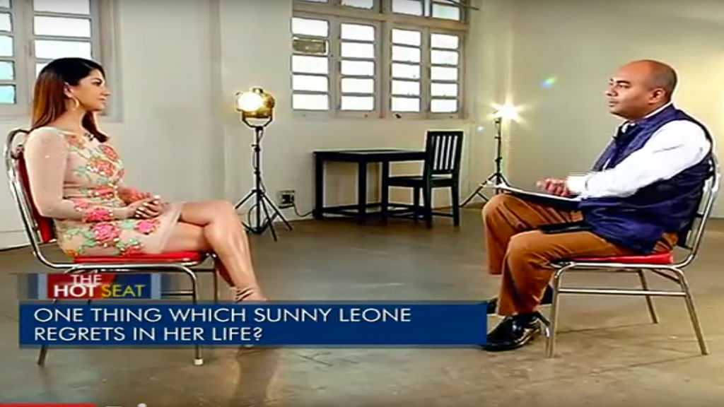 Sunny Leone in conversation with journalist Bhupendra Chaubey. (Photo: YouTube Screenshot)