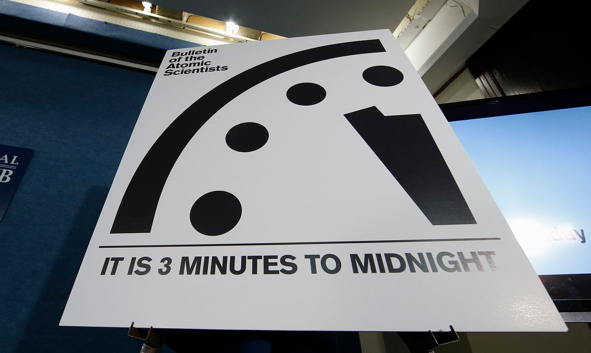 The minute hand on the Doomsday clock remains at three minutes-to-midnight.