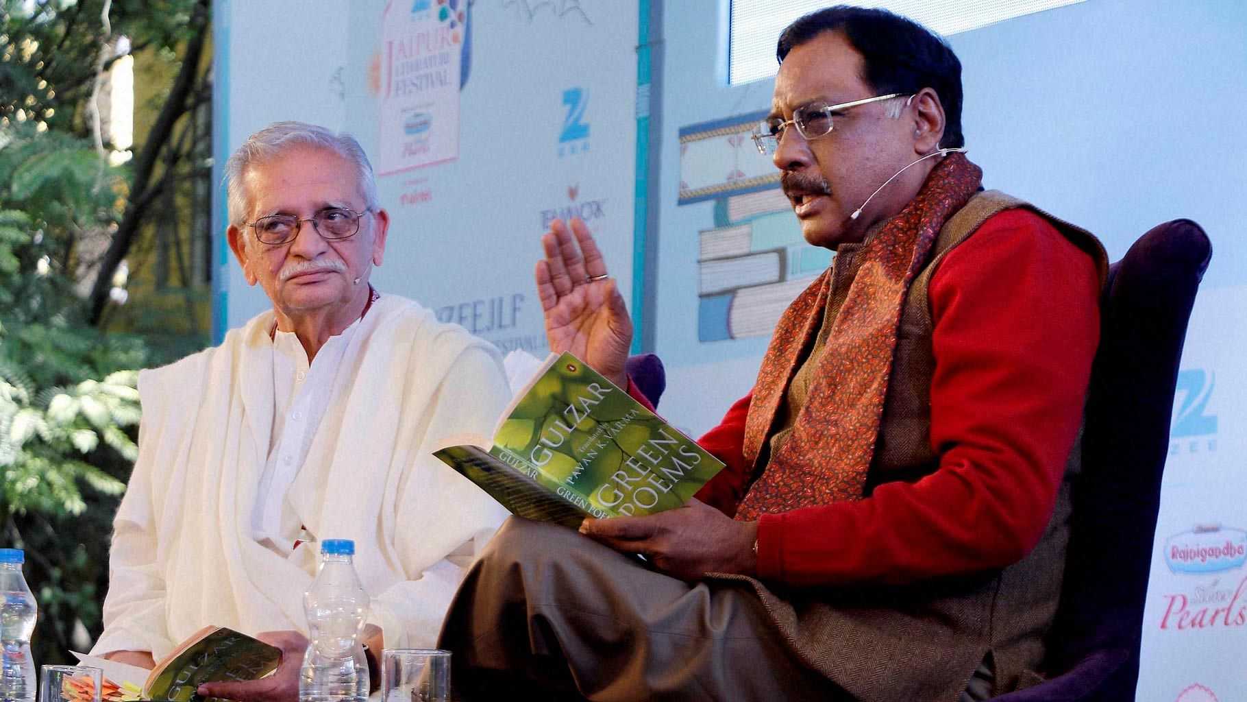 Lyricist and Poet Gulzar (left) with Writer and JD(U) leader Pavan K Verma during the Jaipur Literature Festival at Diggi Palace in Jaipur on Sunday. (Photo: PTI)