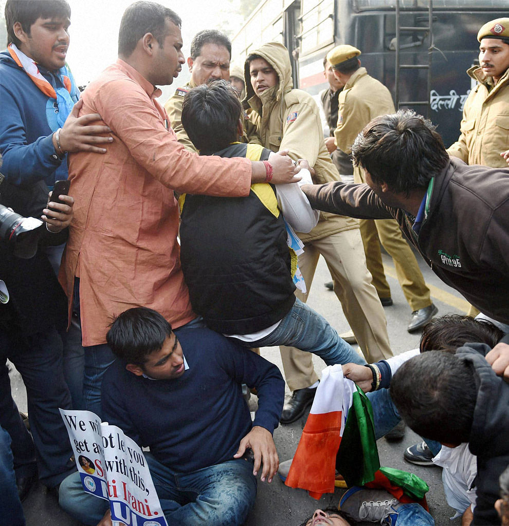 NSUI members were stopped at Raisina Road in New Delhi by the police when they were on their way to Irani’s residence