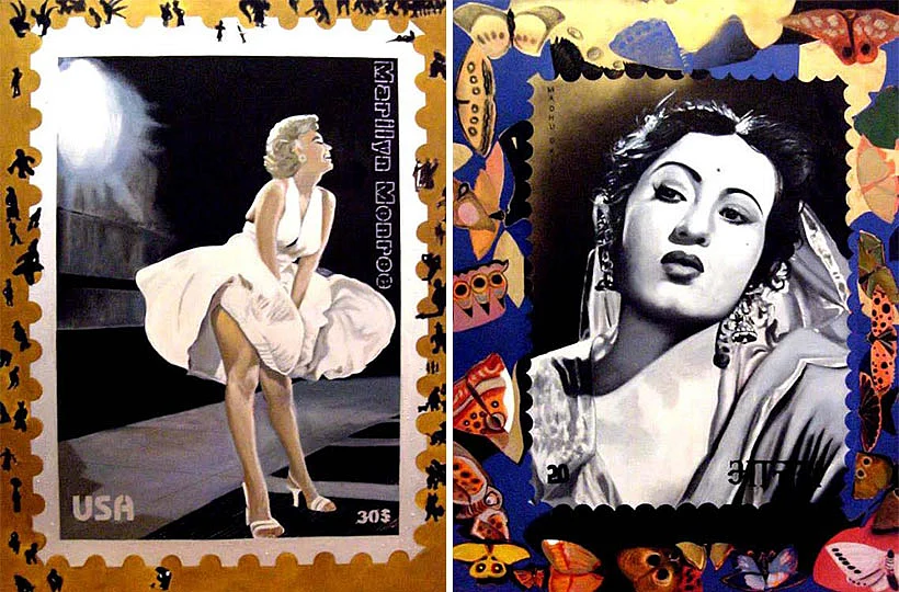 Portraits of Hollywood and Bollywood celebrities, designed in the form of postal stamps. (Photo provided to <b>The Quint</b> by Khalid Mohamed)
