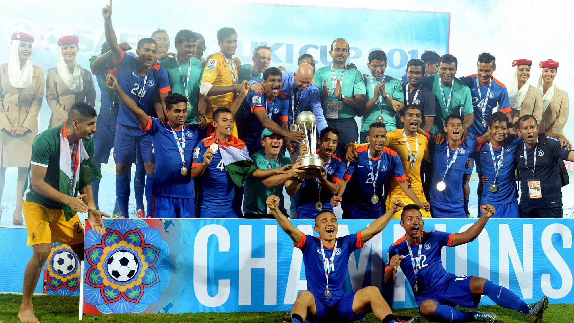Indian football team celebrates after beating Afghanistan in SAFF Cup final. (Photo: PTI)