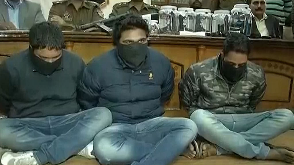 The three suspected terrorists were arrested in Mohali with&nbsp;mobile SIM cards, two AK-47 rifles and five pistol. (Photo: ANI screengrab)