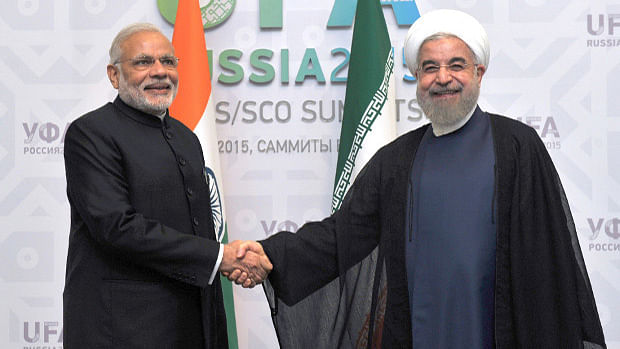 Prime Minister Narendra Modi with Iranian President Hasan Rouhani in Ufa, Russia.&nbsp;
