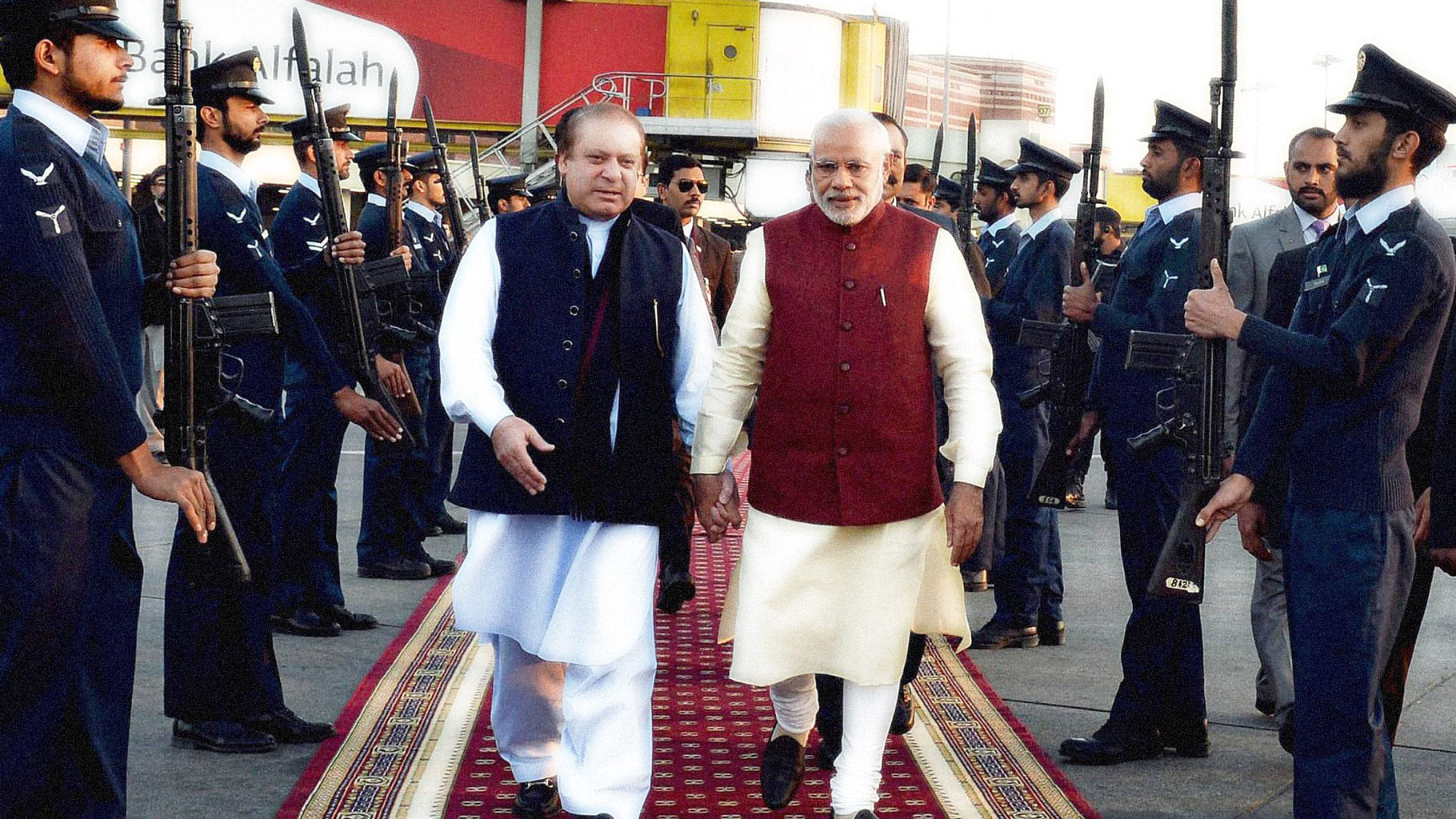 Prime Minister Narendra Modi with his Pakistani counterpart during his surprise visit to Lahore. (Photo: PTI)