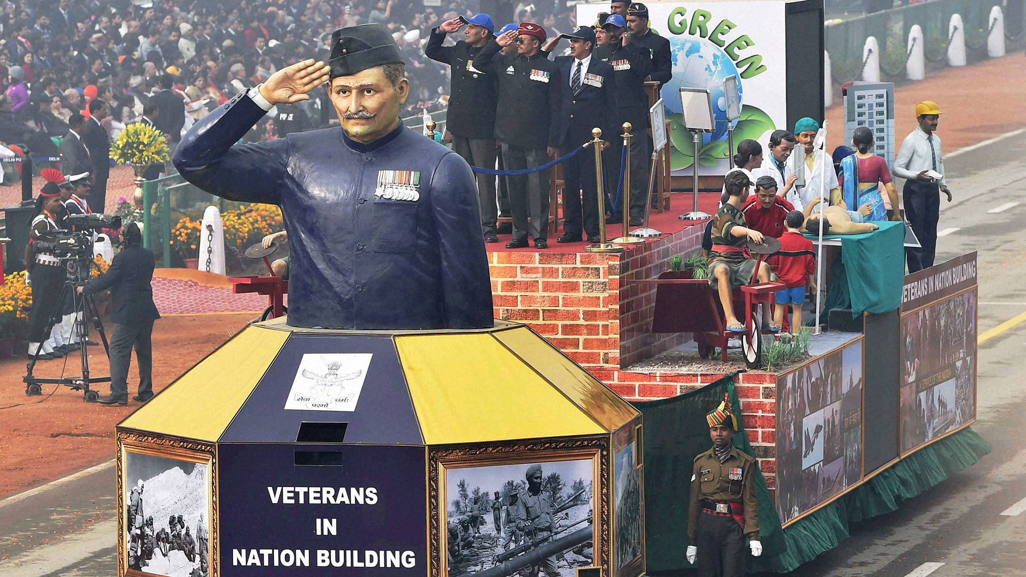 A tableau of veterans in Nation Building during the 67th Republic Day parade.