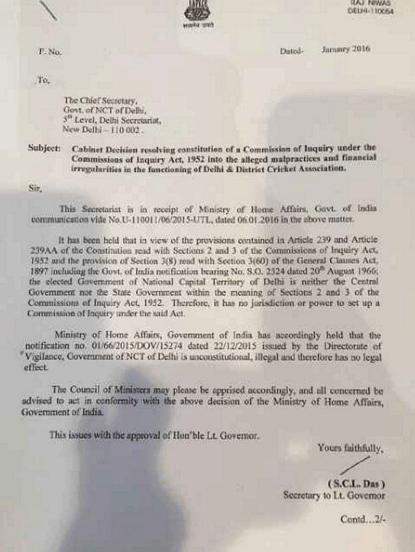 The LG’s office has issued a notice to the Delhi government on the illegal set up of the DDCA probe panel. 