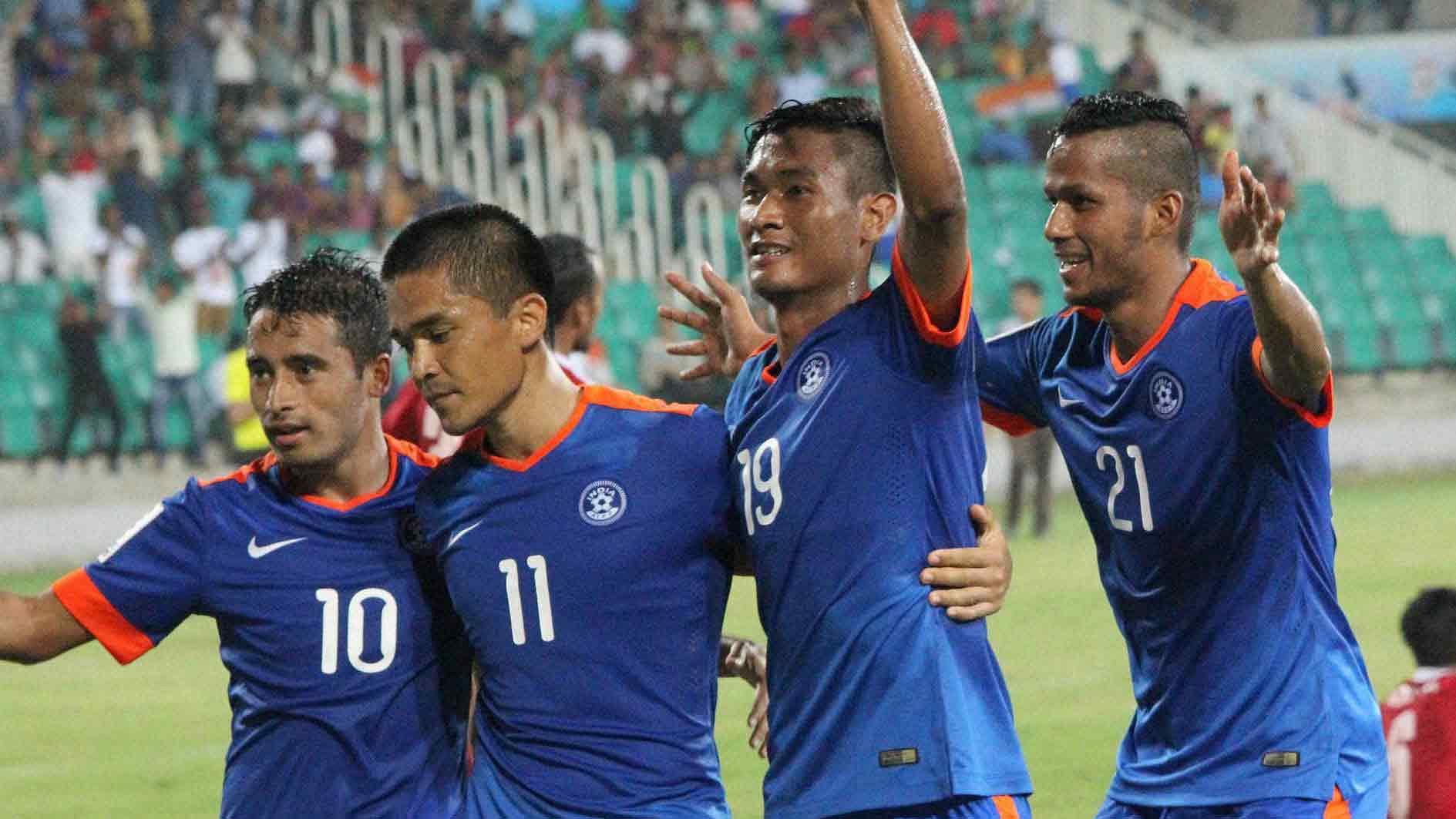 The Indian skipper Sunil Chhetri with his team-mates celebrate a goal in the group stage of the SAFF Cup. (Photo: PTI)