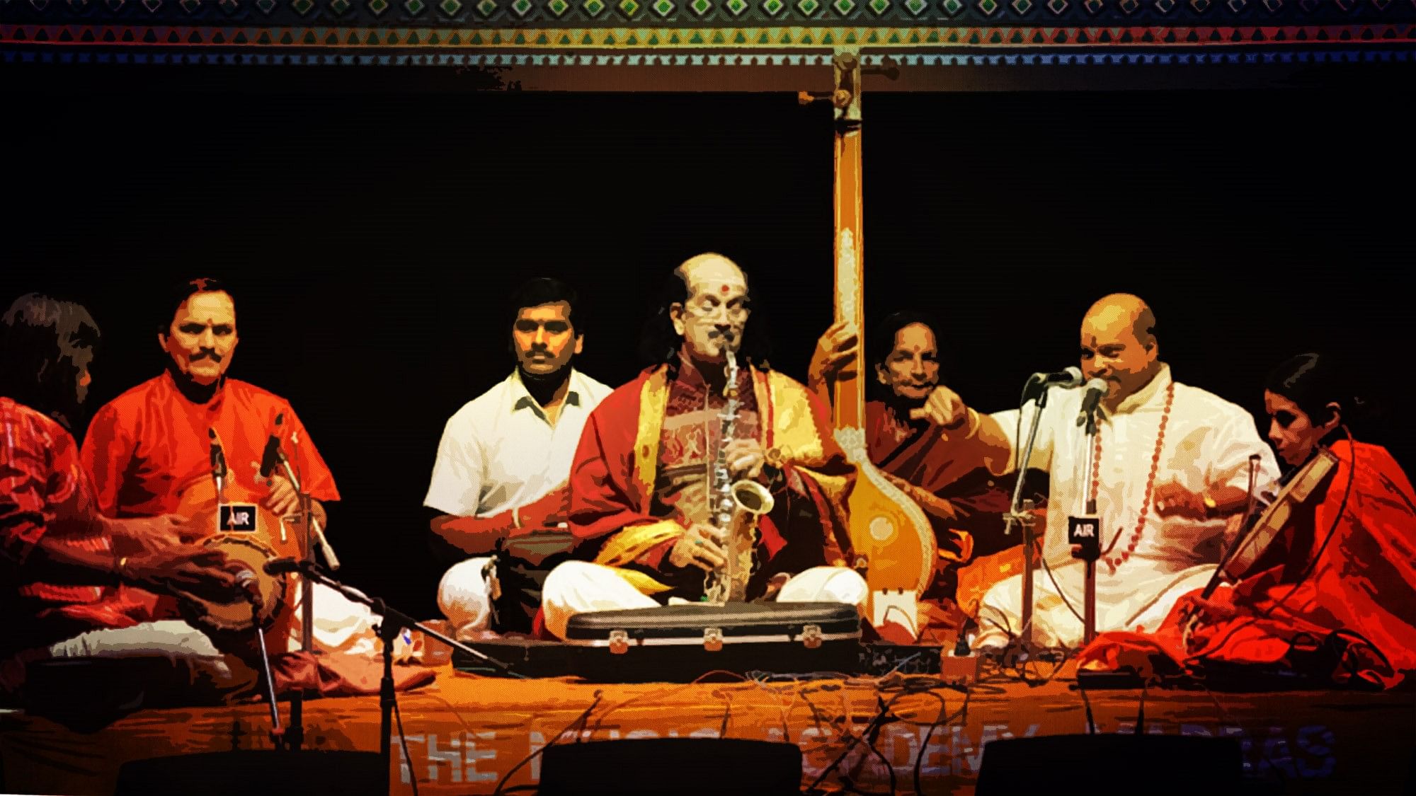Kadri Gopinath (saxophone, AKanyakumari (Violin), Trichy B Harikumar (Mridangam), Vaikom Gopalakrishnan (Ghatam) at December 2015 music festival. (Photo Courtesy: <a href="http://musicacademymadras.in/">Music Academy Madras</a>)