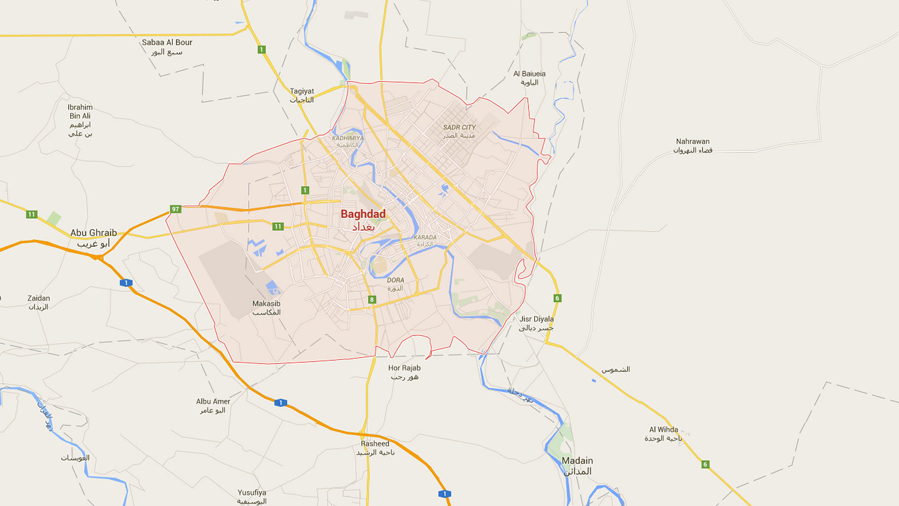 The city of Baghdad as seen on Google Maps.