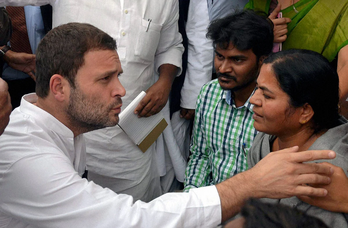 Rahul Gandhi with Rohith Vemula’s mother. (Photo: PTI)