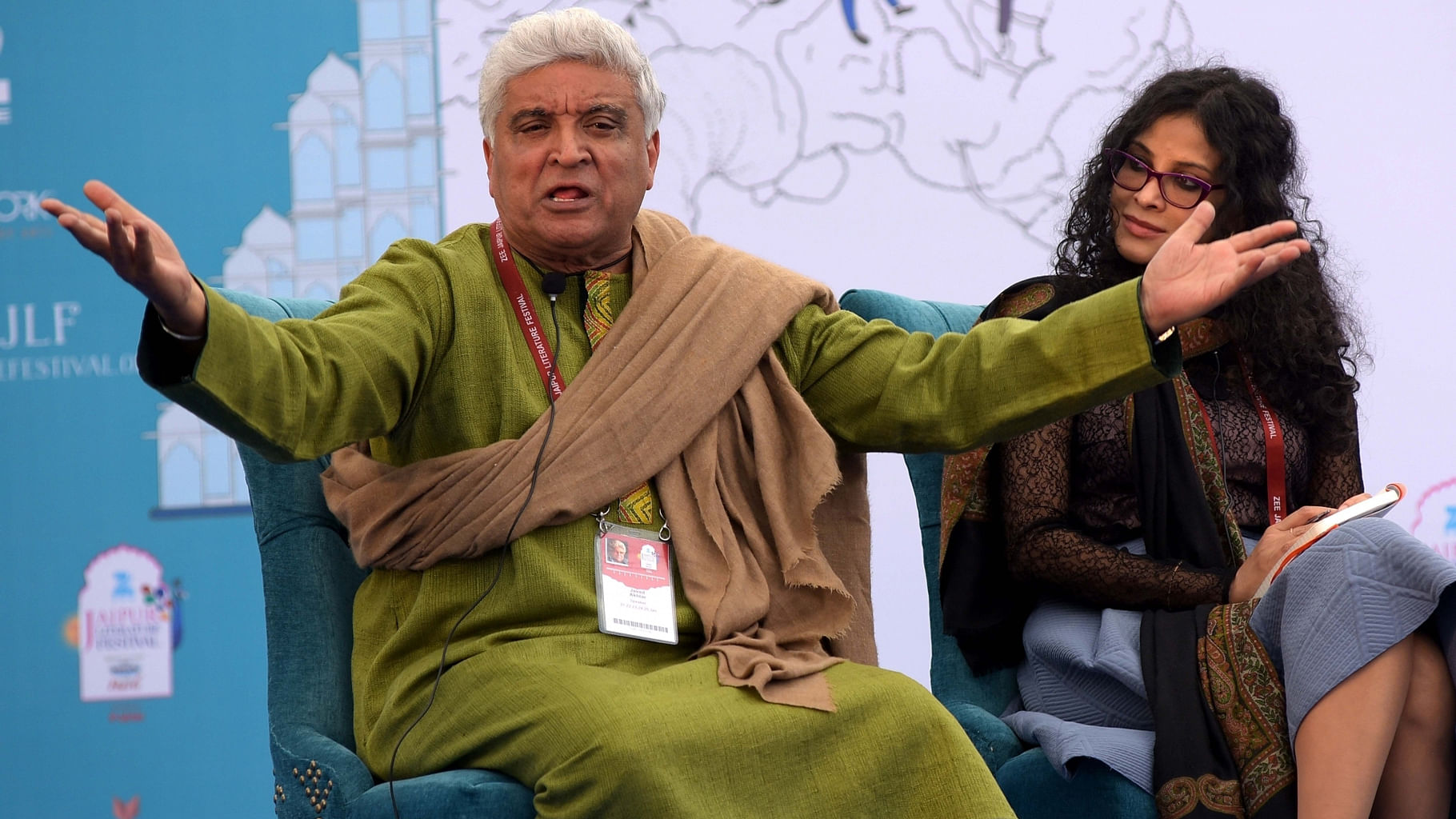 Lyricist Javed Akhtar and actress Nandana Sen during a session at the Jaipur Literature Festival in Jaipur on Jan 23, 2016. (Photo: IANS)