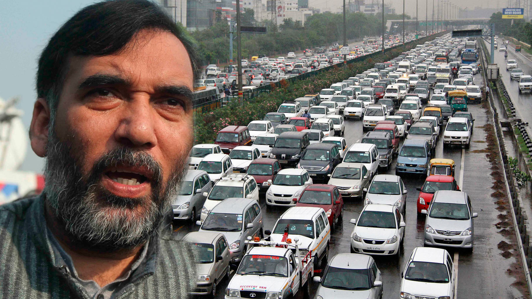 Transport Minister Gopal Rai (on the left) and traffic on the roads of Delhi. (Photo: <b>The Quint</b>)