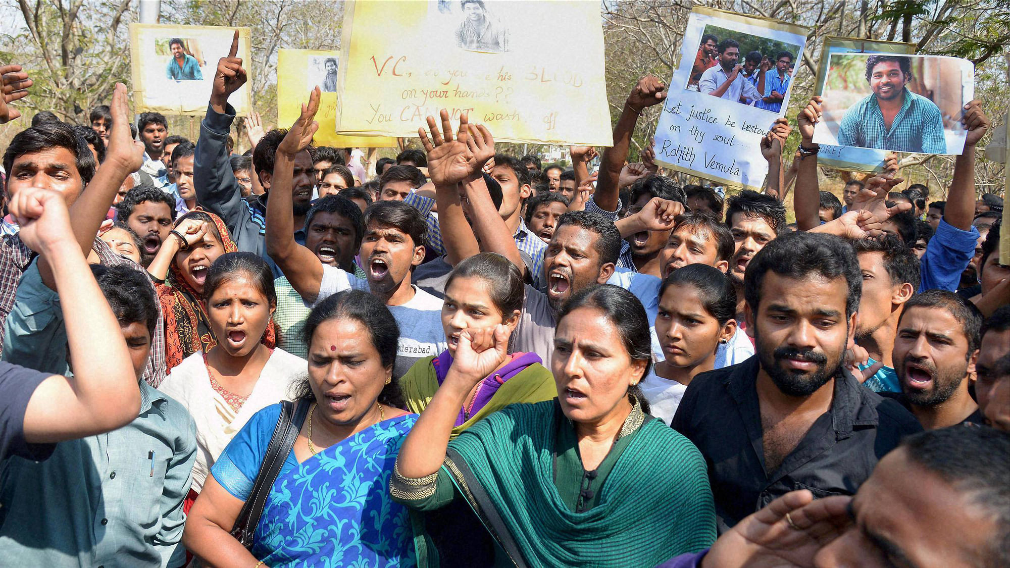 Students staging a protest over the death of Rohith Vemula, a doctorate student at the Hyderabad Central University who was found hanging in a hostel room, in Hyderabad on Monday. (Photo: PTI)