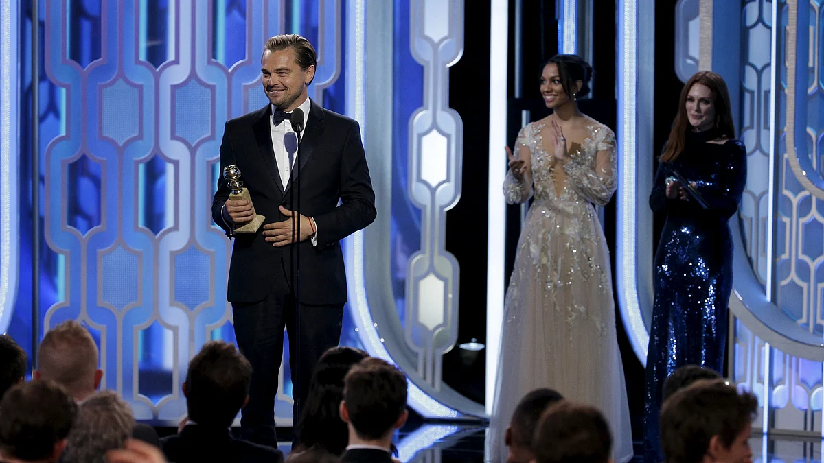 Leonardo Di Caprio with his award for Best Actor for <i>‘The Revenant’</i>, at the 73rd Golden Globe Awards. (Photo: Reuters)
