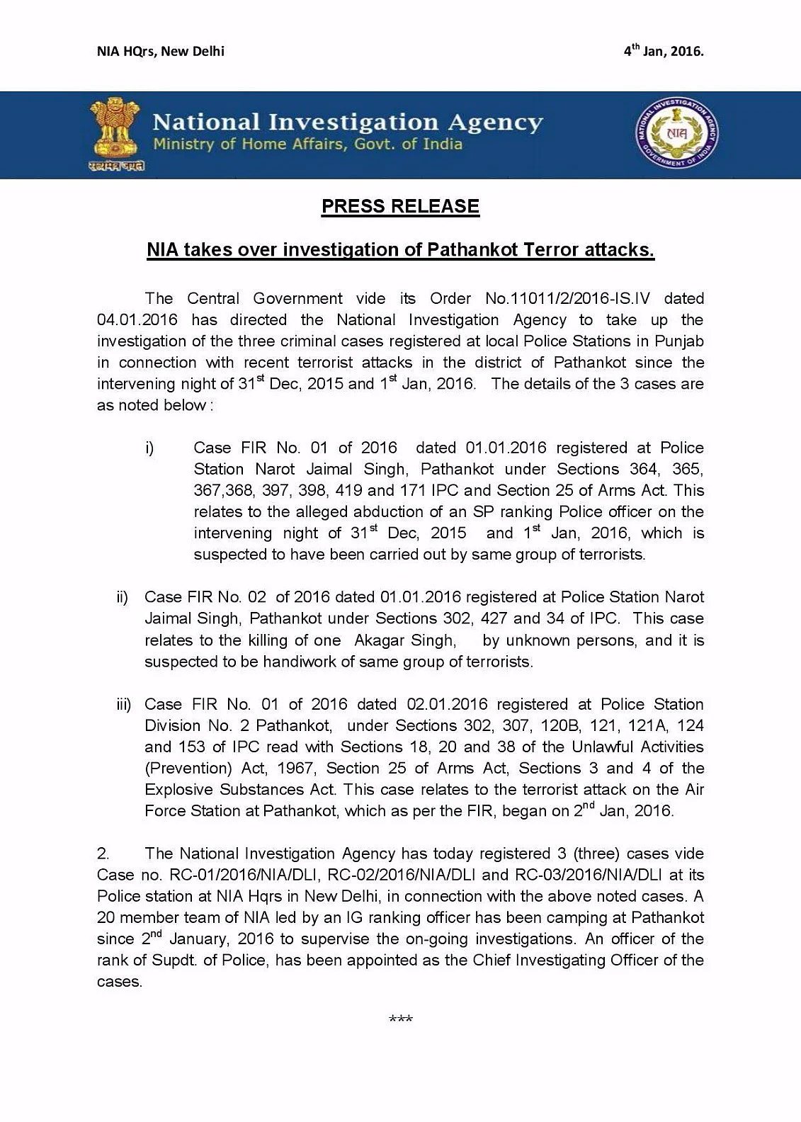 The cases registered by NIA.