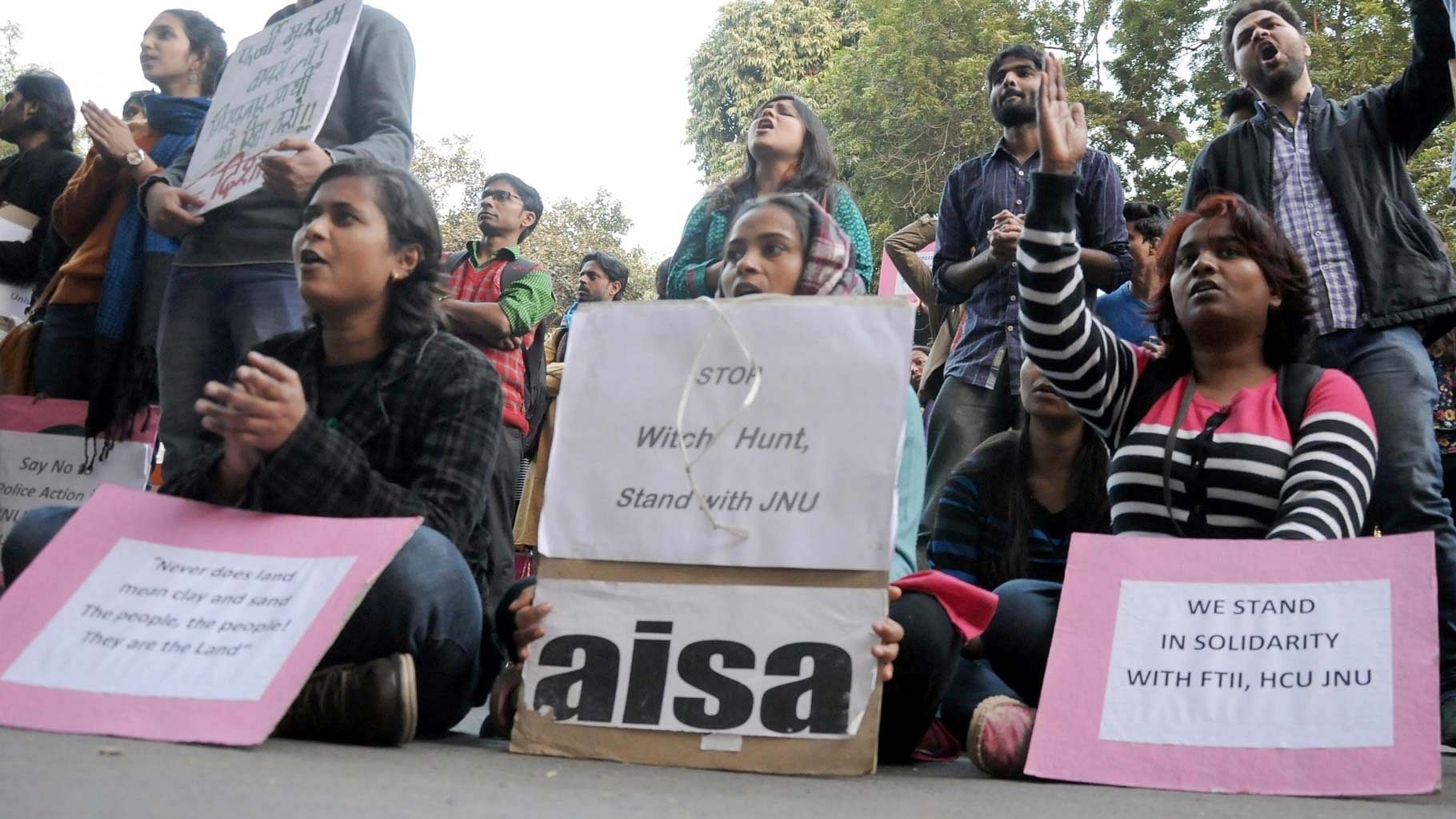 Students protest against crackdown at JNU. (Photo: IANS)