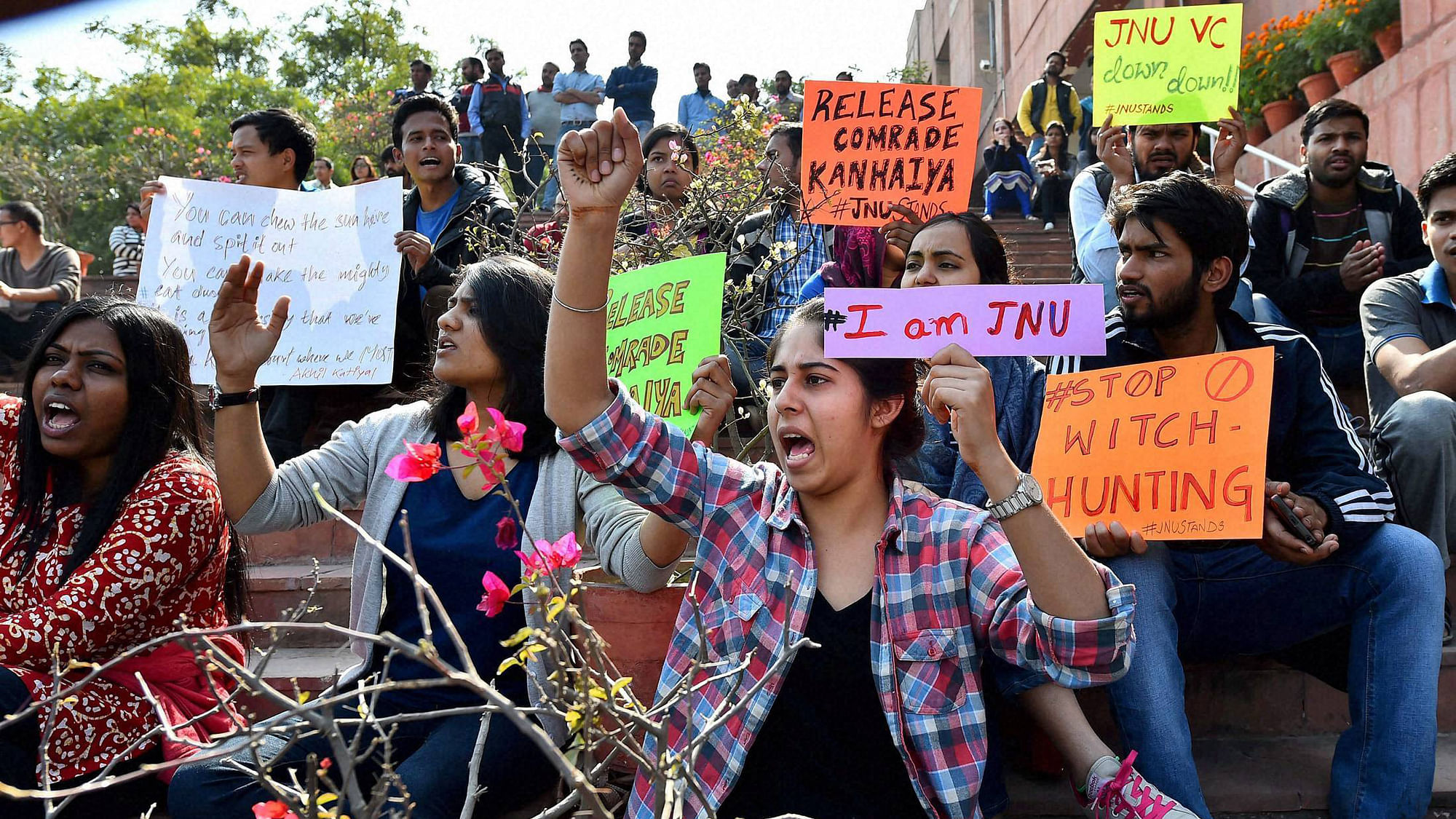 Students agitating for the release of Students’ Union President Kanhaiya Kumar at  JNU. (Photo: PTI)