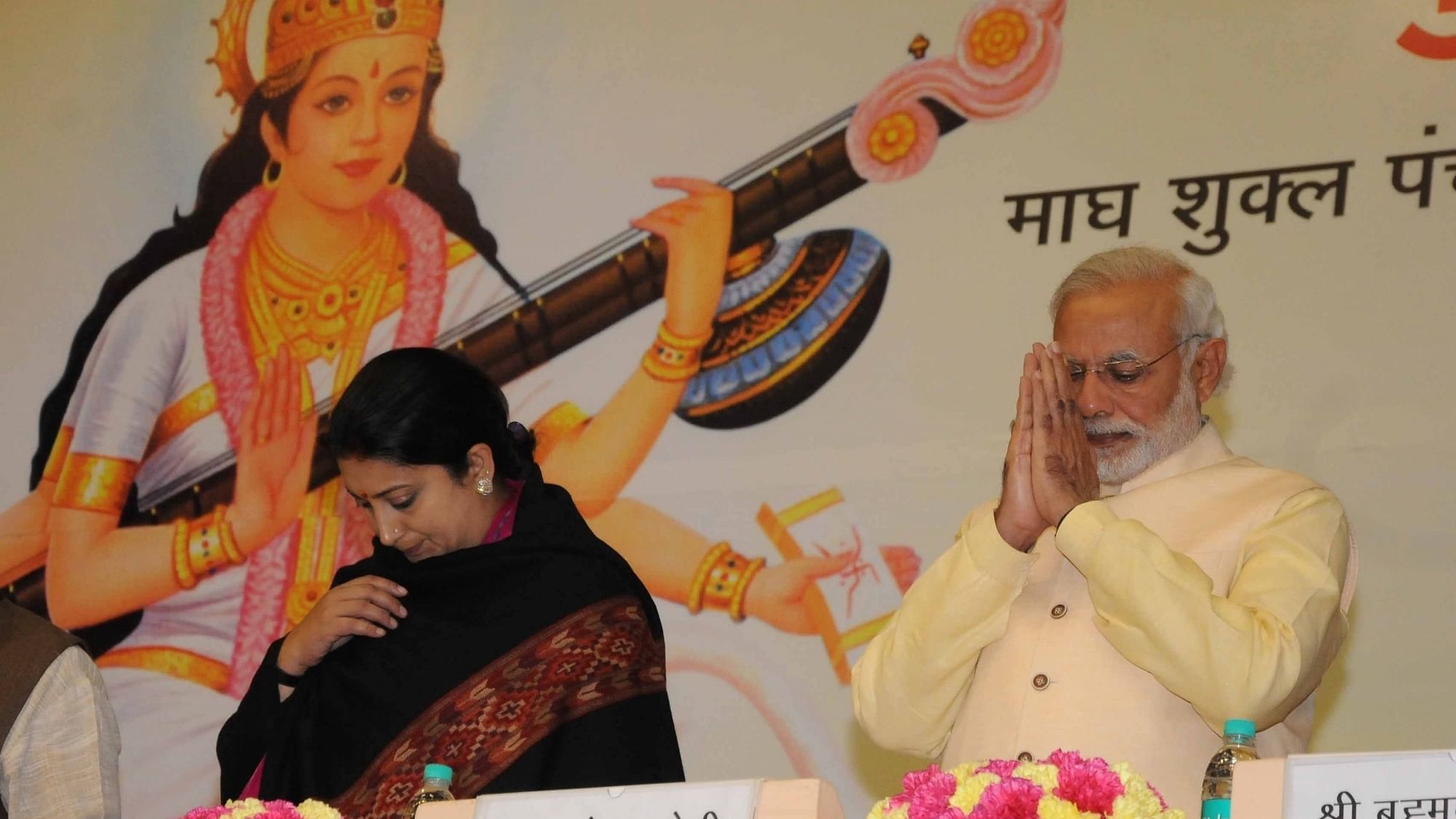 Prime Minister Narendra Modi and Union Minister for Human Resource Development Smriti Irani during the Akhil Bharatiya Prachaarya Sammelan, in New Delhi on 12 Feb 2016. (Photo: IANS)