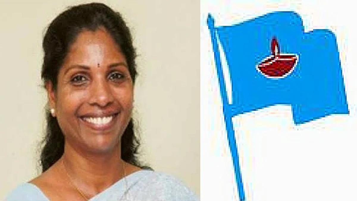 Sivakami (L) and her party flag (R) (Photo: <a href="http://scstwomens.tradeget.com/F107429/sivakami.html">SC ST Women’s Welfare World</a>/altered by <b>The Quint</b>)