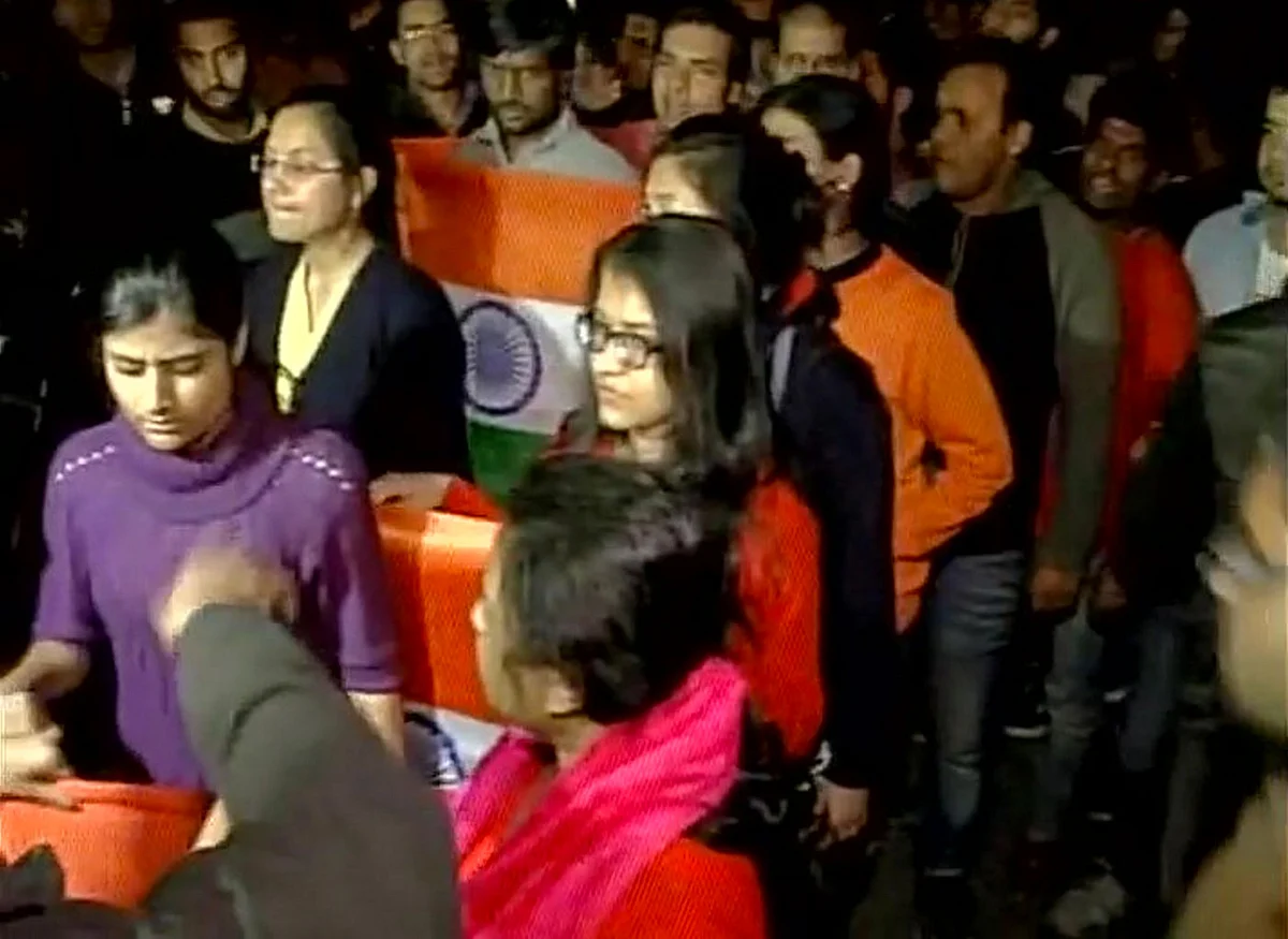 ABVP students protesting outside the JNU campus in Delhi on the night of Friday, 12 February. (Photo Courtesy: ANI)