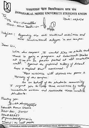 A copy of the letter sent by ABVP’s Saurabh Kumar Sharma to the JNU Vice-chancellor.