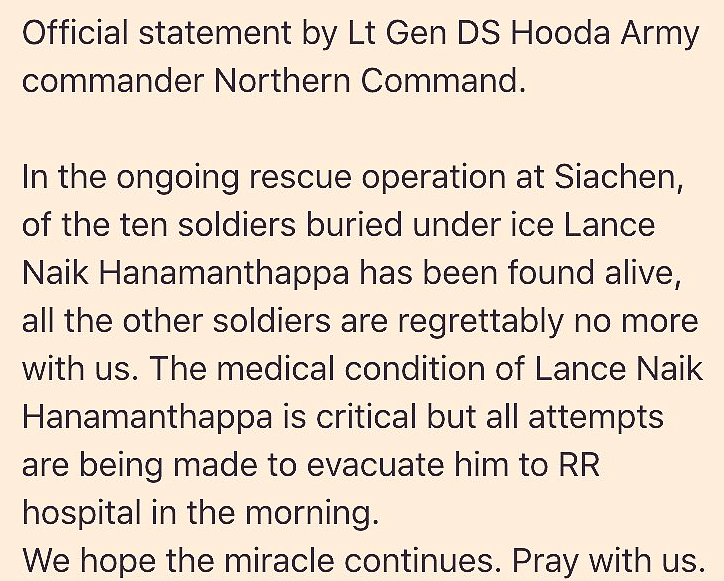 Lance Naik Hanumanthappa who survived the killer avalanche in Siachen is ​comatose. Next 48 hours critical