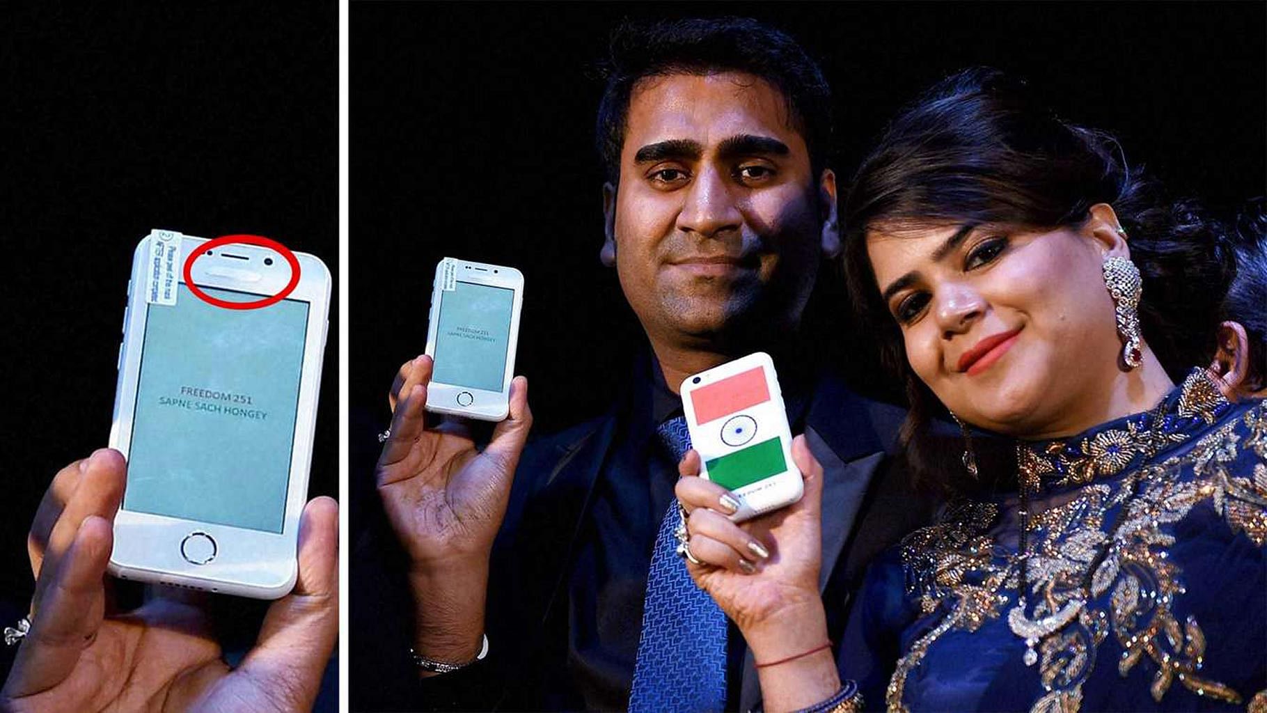 Director of Ringing Bells, Mohit Goel with CEO Dhaarna Goel during the launch event holding Freedom 251. (Photo: PTI)
