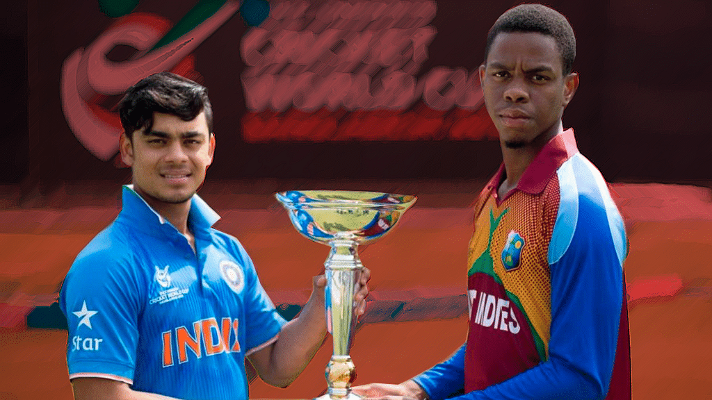 India U-19 captain Ishan Kishan and West Indies U-19 captain Shimron Hetmyer pose with the U-19 World Cup ahead of the final. (Photo: <a href="https://twitter.com/ICCMediaComms">ICC Media Twitter</a>)