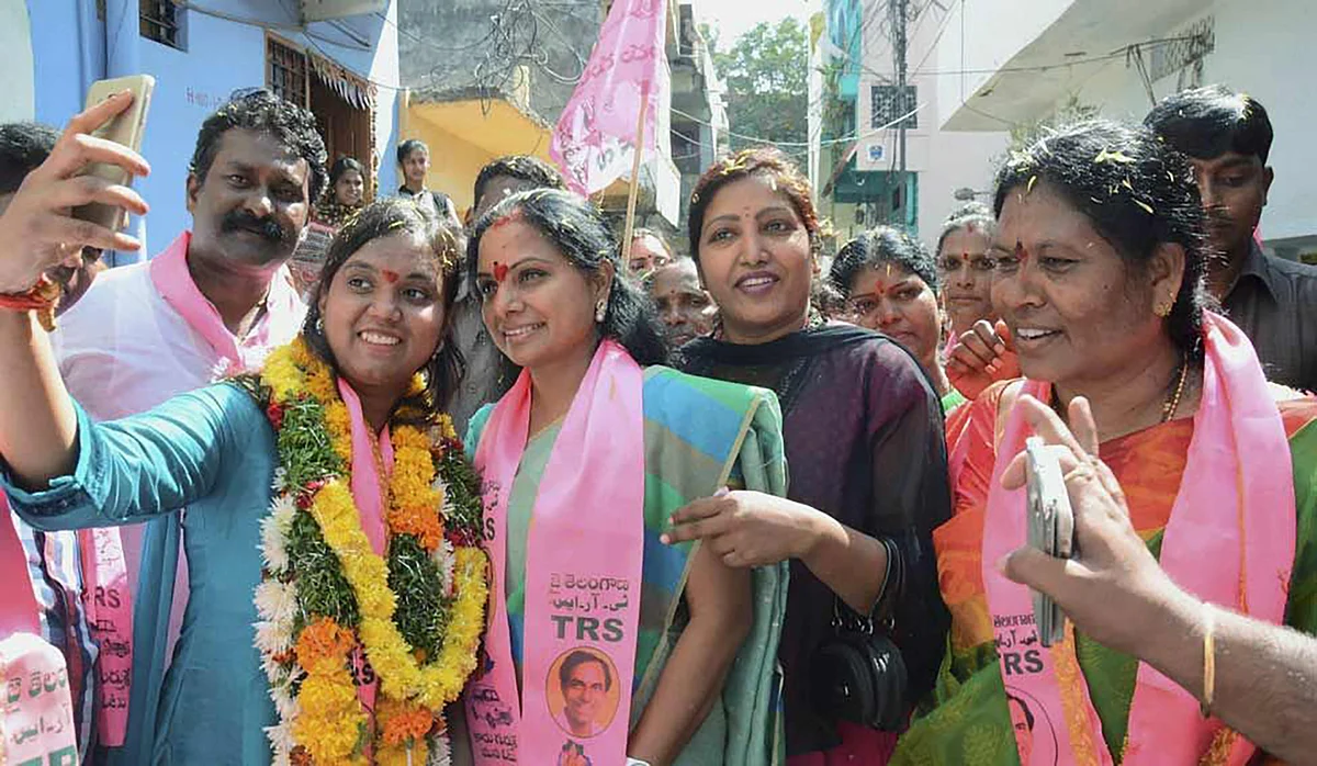 TRS keader K. Chandrasekhar Rao’s daughter
and MP K. Kavita with Home Minister Naini Narshimha Reddy during an election
campaign. (Photo: PTI)