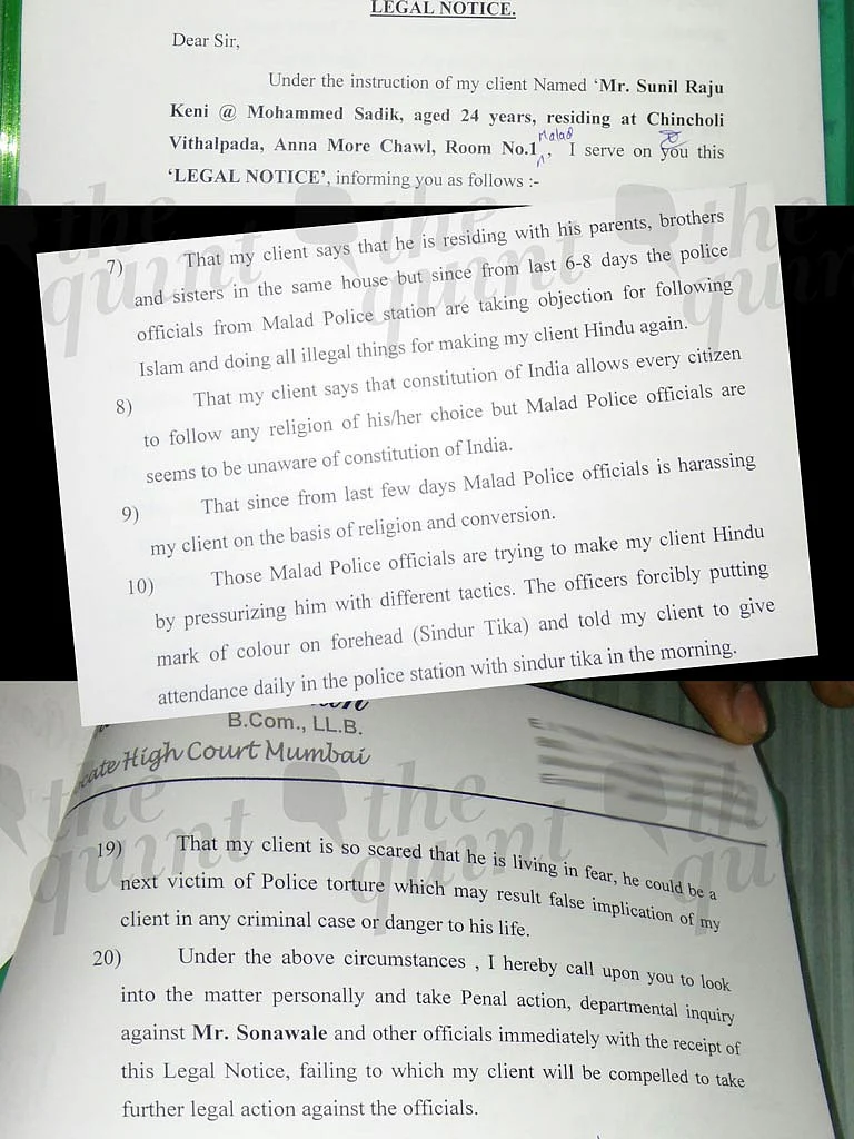 Excerpts of the legal notice served by Sadik to the Malad police. (Photo Courtesy: Puja Changoiwala)