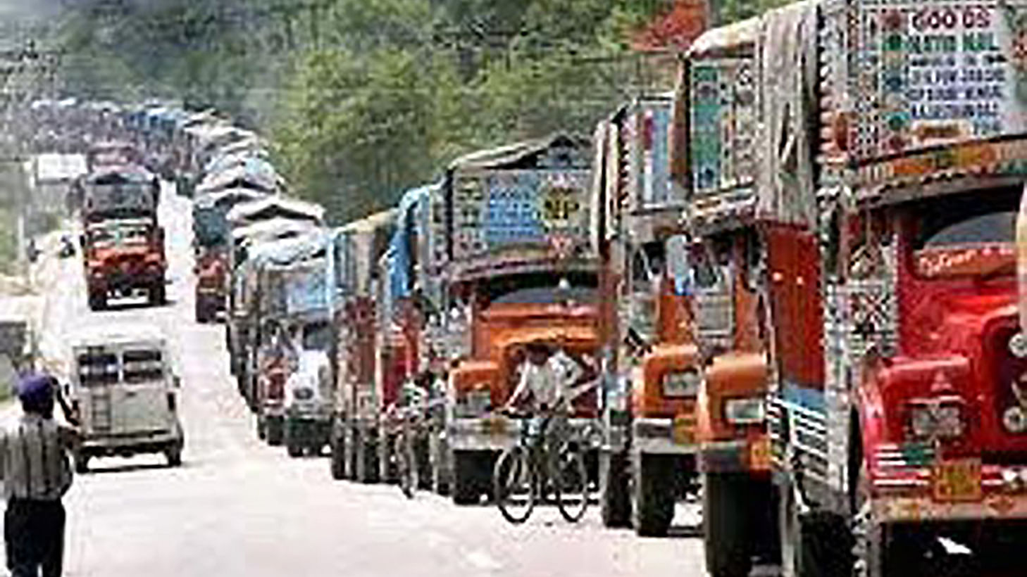 Trucks lined up to collect food grain to Dimapur. (Photo:
PTI)